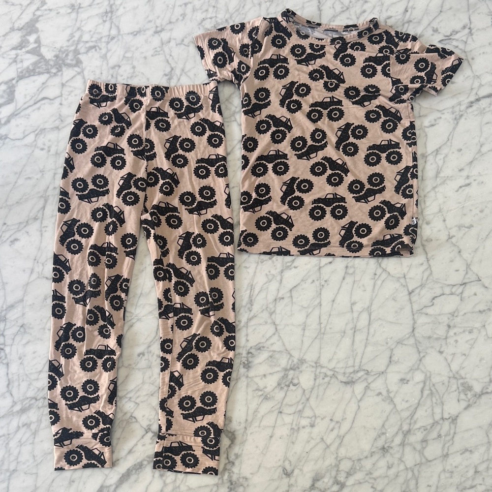 Kids Birdie Bean Pajamas Sz 5T Bamboo Tan Monster Truck Print